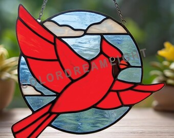 Diseño de vidriera con cardenal volador, plantilla de atrapasoles de pájaro rojo, diseño para colgar en la ventana redonda, descarga instantánea (n.º 04-290BI)