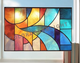 Abstract Stained Glass Panel Pattern, Modern Geometric Suncatcher Template, Colorful Window Panel Design PDF SVG (No.04-79GE)