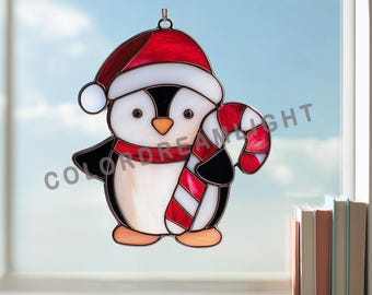 Patrón de vitral de pingüino con bastón de caramelo, plantilla de atrapasol navideño con gorro de Papá Noel, diseño para principiantes para colgar en la ventana (n.° 04-58CH)