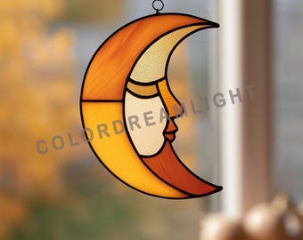 Moon Stained Glass Pattern, Celestial Suncatcher Template SVG, Moon Face DIY Glass Art PDF, Cosmic Window Decor Idea No.04-01SK