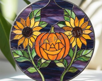 Diseño de vidriera de calabaza y girasol, atrapasoles otoñal en PDF, panel de ventana de cosecha otoñal, descarga digital para manualidades de Halloween (n.º 04-345HA)