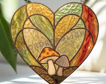Autumn Mushroom Stained Glass Pattern, Heart Shaped Fall Leaf Suncatcher, Woodland Glass Art, PDF PNG SVG Digital Download (No.04-21VE)