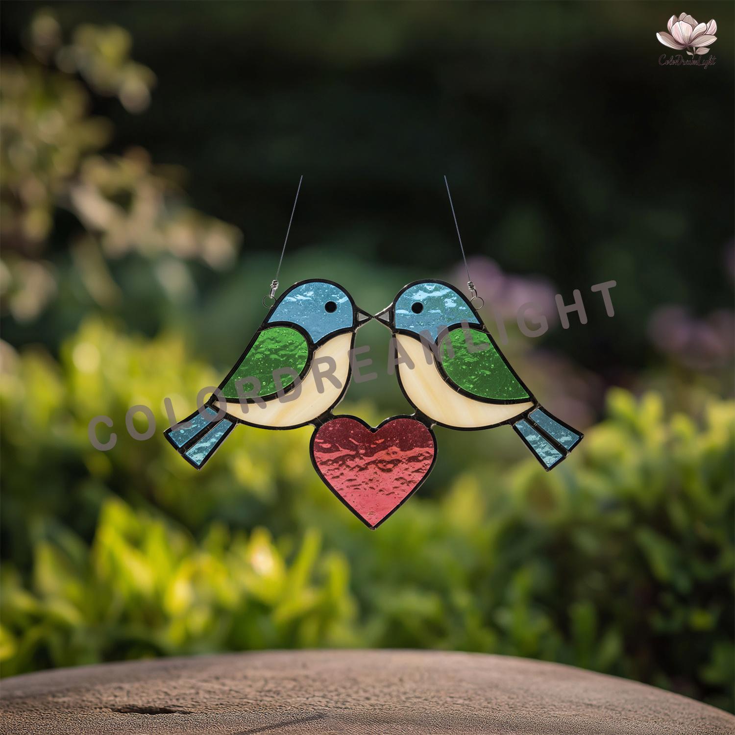 Love Bird Stained Glass Pattern With Heart, Bird Suncatcher Window