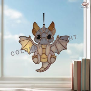 Patrón de vidriera de dragón, plantilla de atrapasoles de fantasía gótica, descarga instantánea en PDF PNG SVG (n.º 04-143SI)