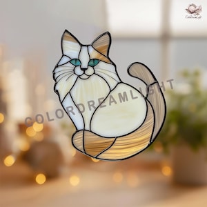 Long Hair Cat Stained Glass Pattern – Pet Memorial DIY Suncatcher – PDF SVG Png Template – Instant Download – Cat Lover Gift (No.04-25PE)