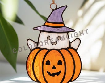 Halloween Ghost Pumpkin Stained Glass Pattern, Cute Halloween Suncatcher PDF SVG PNG, Jack O Lantern Glass Art Template (No.04-45HA)