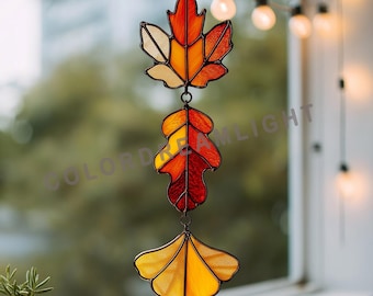 Paquete de patrones de vidrieras de hojas de otoño, plantilla de atrapasoles de hojas de arce, roble y ginkgo, PDF de arte en vidrio de hojas de otoño (n.° 04-91PL)