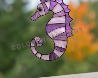 Seahorse Stained Glass Pattern, Ocean Suncatcher Template, Sea Animal Glass Art, Beginner SVG PDF PNG Digital Download (04-13OC)