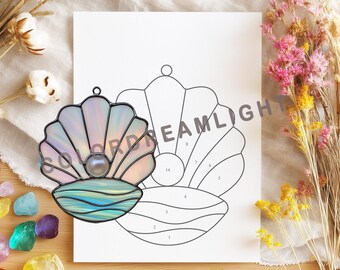 Seashell Stained Glass Pattern with Pearl, Ocean Suncatcher SVG PDF Template | DIY Sea Shell Glass Art Design for Home Decor (No.04-24OC)