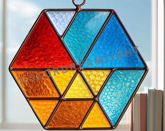 Hexagon  Stained Glass Pattern: Rainbow Geometric Suncatcher Template  (PDF SVG PNG, No.04-42GE)