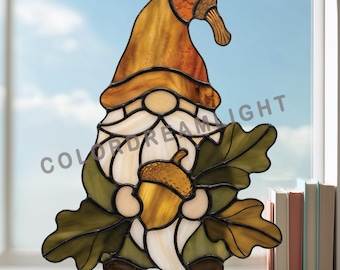 Autumn Gnome Stained Glass Pattern, Acorn Gnome Suncatcher Template, Woodland Glass Art, Digital Download (No.04-242GO)