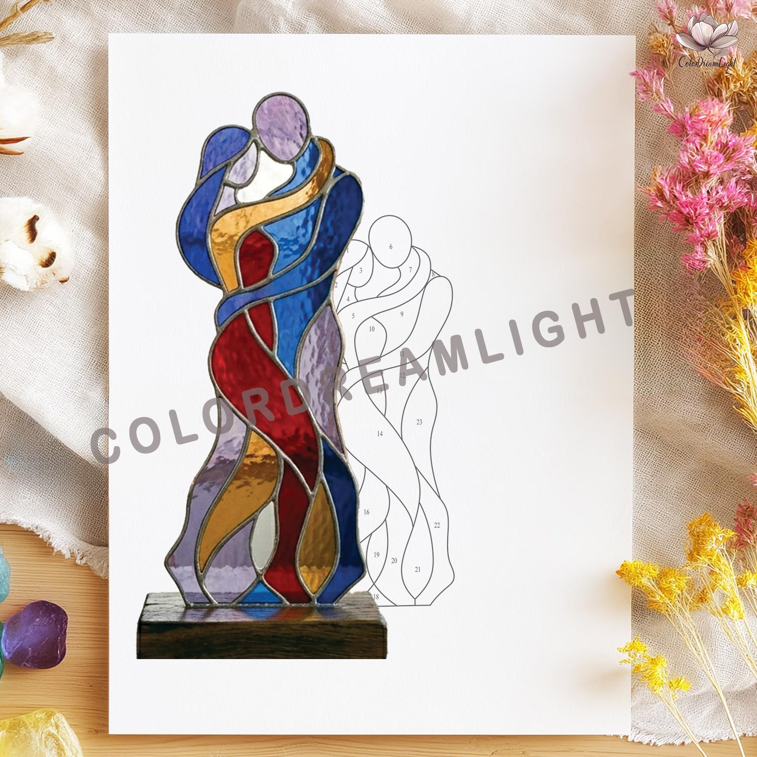 Abstract Embrace Stained Glass Pattern: Modern Couple Silhouette Art ...