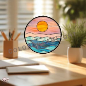 Sunset Ocean Stained Glass Pattern PDF | Round Suncatcher Sea Waves Design | Summer Beach DIY Window Art Template for Gifts & Decor