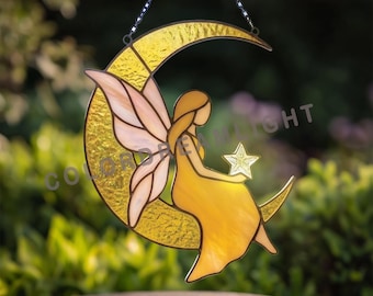 Patrón de vidriera de luna de hadas, plantilla de atrapasoles de luna creciente, elegante arte de vidrio de hadas, adorno de ventana de fantasía en formato PDF y SVG (n.° 04-97MO)