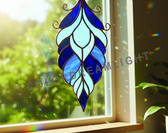 Patrón de vitral con plumas azules, elegante diseño de atrapasol con hojas / Plantilla para colgar en ventana (PDF, PNG, SVG, n.° 04-83TH)