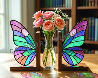 May include: Stained glass butterfly wing bookends in shades of purple, blue, and green. The bookends are made of wood and hold a clear glass vase with pink roses. The bookends are on a wooden table.