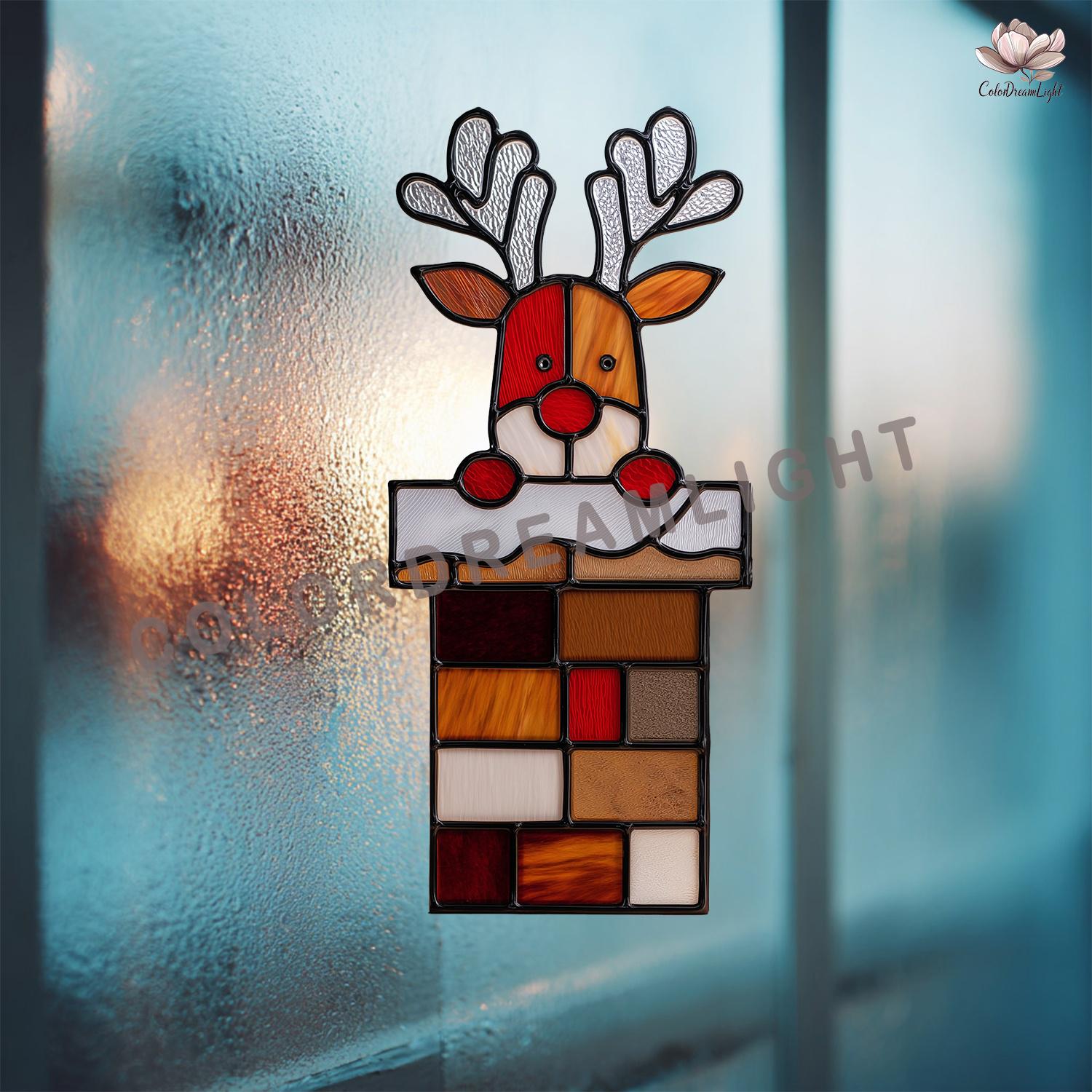 煙突の中のトナカイのステンドグラス模様、かわいいクリスマスサン