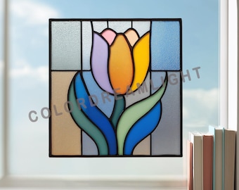 Tulip Stained Glass Pattern, Modern Floral Window Panel, Square Flower Suncatcher Design, Printable PDF PNG SVG (No.04-111FL)