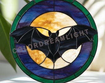 Flying Bat Stained Glass Pattern, Halloween Suncatcher Template, Gothic Window Decor, PDF PNG SVG Download (No.04-344HA)