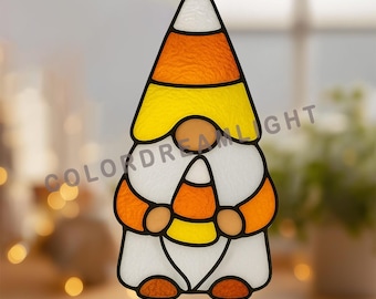 Candy Corn Gnome Stained Glass Pattern, Halloween Suncatcher DIY Template PDF, Beginner Friendly Glass Art Digital Download. (No.04-208HA)