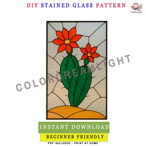 Patrón de vitral con panel de flores de cactus (PDF), diseño de atrapasol floral fácil para principiantes, decoración de ventana desértica (DIY), descarga digital