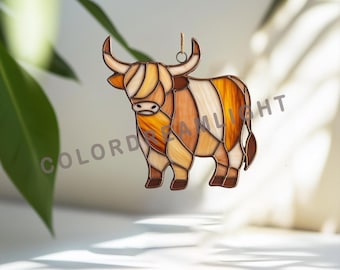 Highland Cow Stained Glass Pattern, Rustic Farm Animal Suncatcher Template, Easy Country Window Glass  Art, PDF PNG Download  (No.04-140AN )