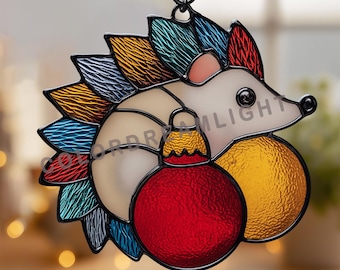 Patrón de vidriera de erizo, plantilla PDF para atrapasoles navideños, diseño de manualidades de vidrio con animales para hacer tú mismo (n.° 04-46CH)