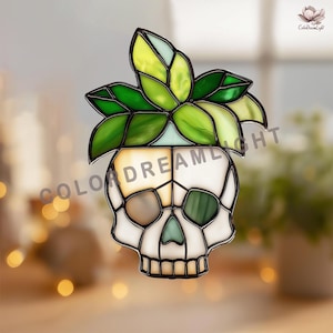 Skull Plant Pot Stained Glass Pattern, Spooky Suncatcher Template PDF, White Skull with Green Plant, Beginners DIY Glass Art (04-168HA)
