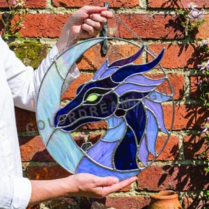 Dragon Crescent Moon Stained Glass Pattern, Gothic Fantasy Suncatcher Template, Instant Download PDF PNG SVG (No.04-70FA)