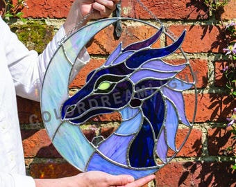 Dragon Crescent Moon Stained Glass Pattern, Gothic Fantasy Suncatcher Template, Instant Download PDF PNG SVG (No.04-70FA)
