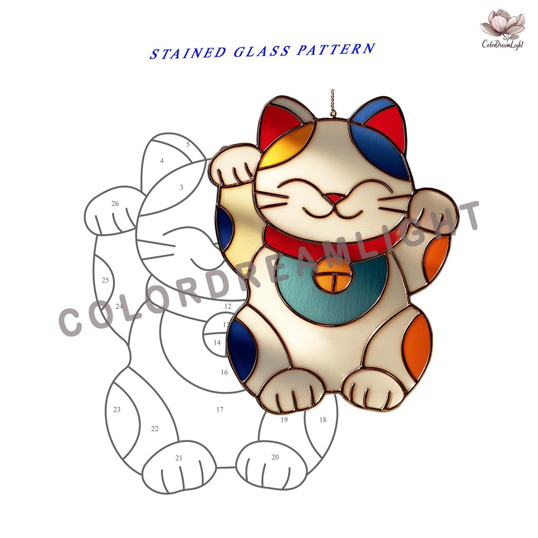 Lucky Cat Stained Glass Pattern PDF, Cat Suncatcher Template, Japanese ...