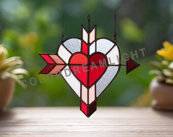 Valentine Stained Glass Pattern, Heart Arrow Suncatcher Template, PDF SVG Download (No.04-3VA)