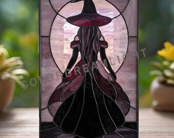Diseño de vidriera de bruja, atrapasoles de bruja de Halloween, panel de ventana de bruja gótica, sombrero de bruja y vestido vaporoso, PDF PNG SVG (N.º 04-347HA)