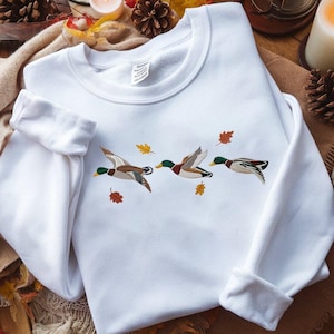 Flying Duck Embroidered Sweatshirt, Mallard Bird Embroidery Gift, Outdoor Nature Lover Shirt, Fall Hunting Season Top, Wildlife Bird Sweater