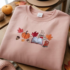 Cozy Fall Embroidered Sweatshirt, Autumn Crewneck for Thanksgiving, Fall Reading Pullover, Autumn Lover Gift, Cottagecore Gift for Her