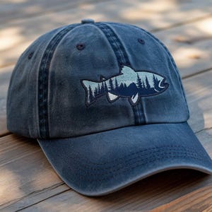 Mountain Fish Embroidered Dad Cap, Nature Lover Fishing Cap, Gift For Dad, Gift For Outdoorsman