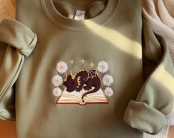 Embroidered Dragon Book Sweatshirt, Cottagecore Fantasy Reader