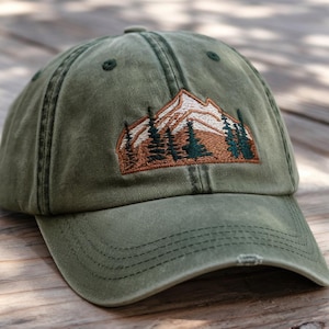 Green Forest Mountain Cap Dad Cap, Hiking And Camping Cap, Outdoor Hat, Gift For Dad, Gift For Nature Lovers