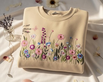 Embroidered Wildflower Garden Sweatshirt with Colorful Floral Design