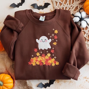 Embroidered Ghost Fall Sweatshirt, Cozy Autumn Halloween Sweater, Pumpkin Mushroom Embroidery, Cute Fall Apparel Gift, Spooky Season Outfit