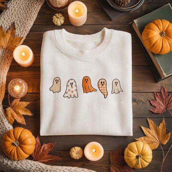 Embroidered Ghost Sweatshirt, Fall Autumn Crewneck, Spooky Season Pullover