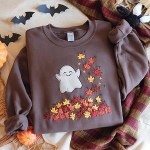 Halloween Embroidered Ghost Sweatshirt, Cozy Fall Autumn Sweater, Pumpkin and Mushroom Embroidery Design, Cute Seasonal Apparel for Women