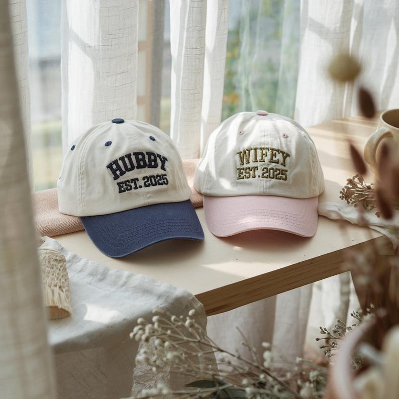 Embroidered Wifey Hubby Baseball Cap, Personalized Newlywed Hats