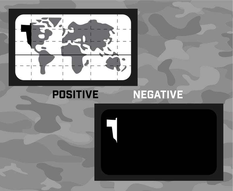 May include: Two rectangular patches with rounded corners. The top patch features a world map in white and gray, with the word "POSITIVE" below it. The bottom patch is black with a white shape and the word "NEGATIVE".