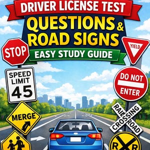 Peut inclure: Couverture de livre avec le titre "100 Questions d'examen de permis de conduire et panneaux routiers Guide d'étude facile". L'image présente divers panneaux routiers, une voiture bleue et le texte "Réussissez votre test avec confiance !"