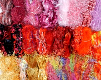 Warm Colors Art Yarn Grab Bag - 25 fibers/75 yds. - Art Fibers, Scrapbooking, Fiber Art, Weaving, Novelty Yarn, Embellishing #107
