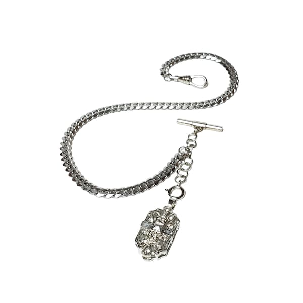 10" 12" 14" 16" 18"  Silver Single Albert Watch Chain & Fob Set - Art Deco Style Fob Cystal Rhinestone