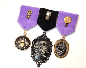 Set of 3 Steampunk Memento  Mori Pastel Goth Medal Pins