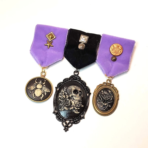 Set of 3 Steampunk Memento  Mori Pastel Goth Medal Pins