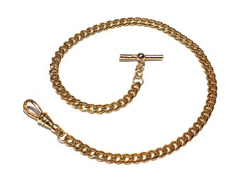 10" 12" 14" 16" 18" Length - 7mm Medium Weight Gold Faceted Curb Single Albert Pocket Watch Chain- w/ Optional Fob Drop